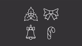 Christmas traditions ui icons white line animation set. Mistletoe, gift bow bell and candy cane. Xmas festive party mood animated user interface elements isolated on dark background. HD video - Powered by Shutterstock - Get 15% off with code: PIKWIZARD15