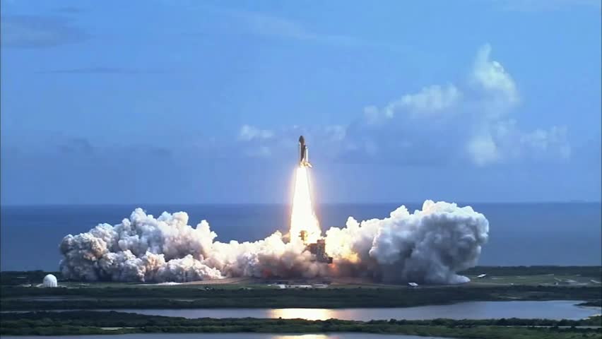 Far view of a space shuttle lifting off over water, capturing rocket launch, aerospace technology, and dramatic liftoff in a stunning cinematic scene.