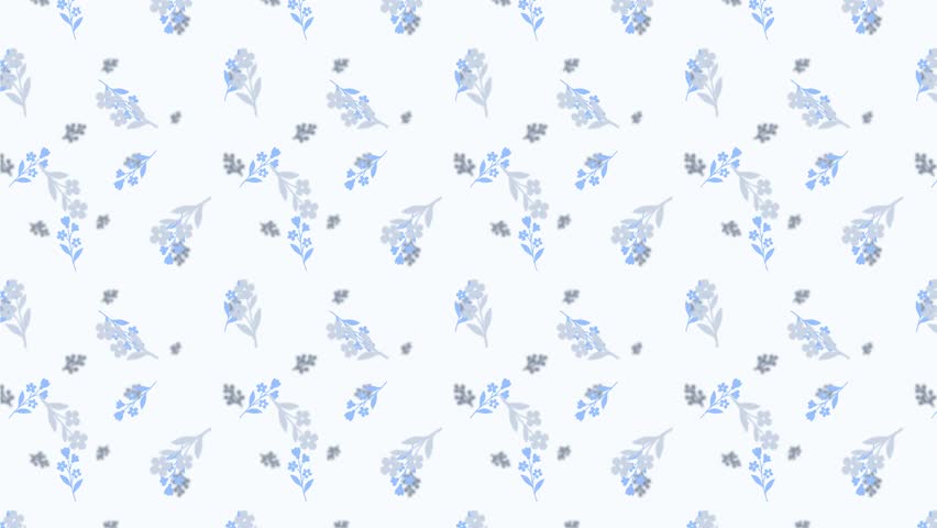 Animated light blue flowers and leaves move diagonally with a parallax effect, against a white and black background.