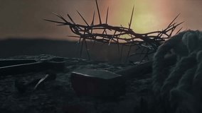 A symbolic still-life scene featuring a crown of thorns placed beside a hammer and nails, representing Christian faith, sacrifice, and the crucifixion story. - Powered by Shutterstock - Get 15% off with code: PIKWIZARD15