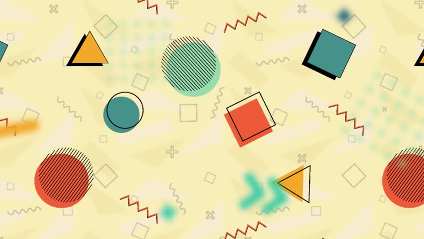Colorful geometric shapes animation with zoom out motion and parallax effect, on a beige background.