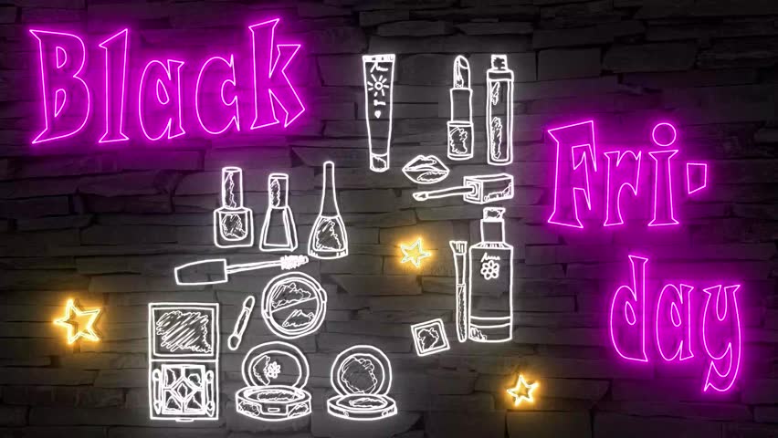 Black Friday + silhouette of cosmetics and stars illuminated 3d illustration retro neon signs, sweet and cute 10s 4k video art in pink white and gold, special sales event of the year, shopping