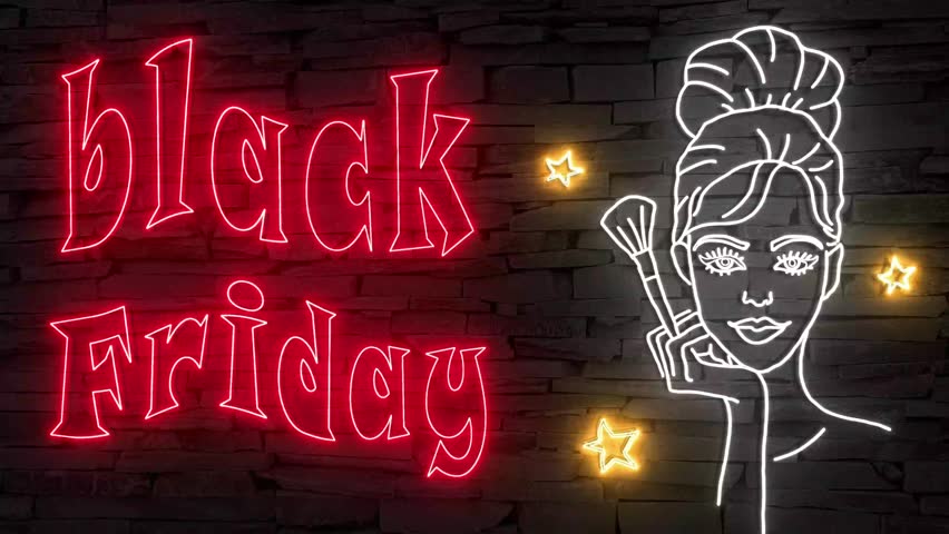 Black Friday + silhouette of elegant woman with powder brush illuminated 3d illustration retro neon signs, sweet and cute 10s 4k video art in red white and gold, special sales event, discounts, sales