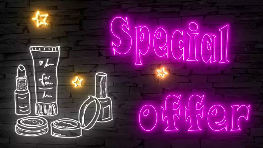 Special offer + silhouette of cosmetics illuminated 3d illustration retro neon signs, sweet and cute 10s 4k video art in pink gold and silver, Black Friday sales event marketing, ads for special sales