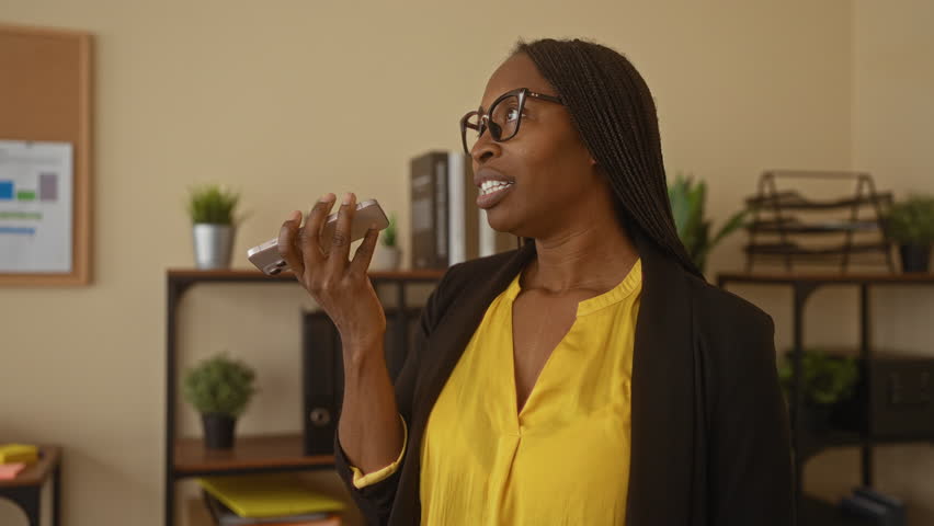 Woman using smartphone in modern office surrounded by shelves, plants, and documents, wearing glasses and yellow blouse, speaking confidently in business environment. - Powered by Shutterstock - Get 15% off with code: PIKWIZARD15