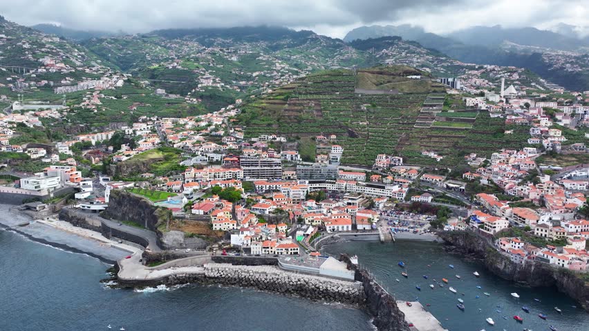 Charming fishing village of Câmara de Lobos on Madeira South Coast, aerial