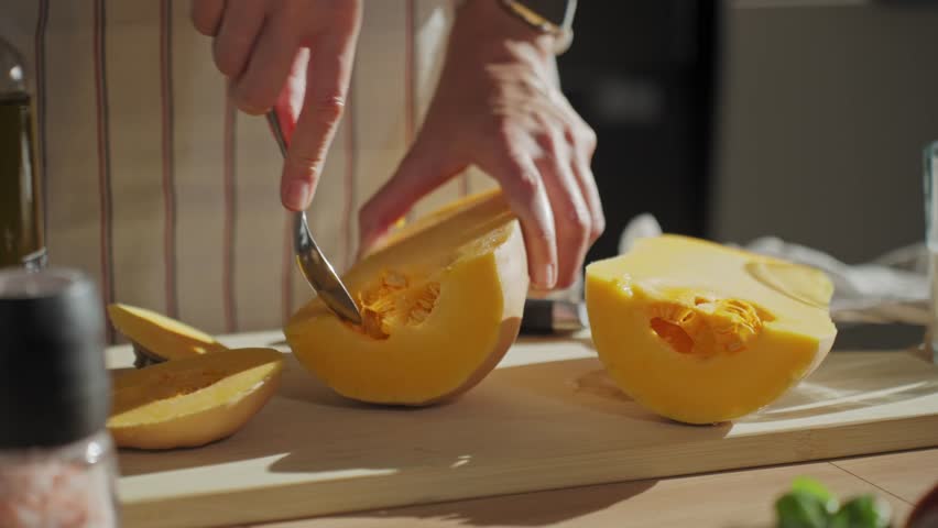 Close-up of woman removing seeds from halved pumpkin with spoon on wooden cutting board in kitchen. Person in apron preparing squash for roasting. Concept of home cooking and healthy food