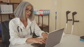 Woman doctor with stethoscope typing on laptop and adjusting glasses in clinic building; focused professionalism. - Powered by Shutterstock - Get 15% off with code: PIKWIZARD15