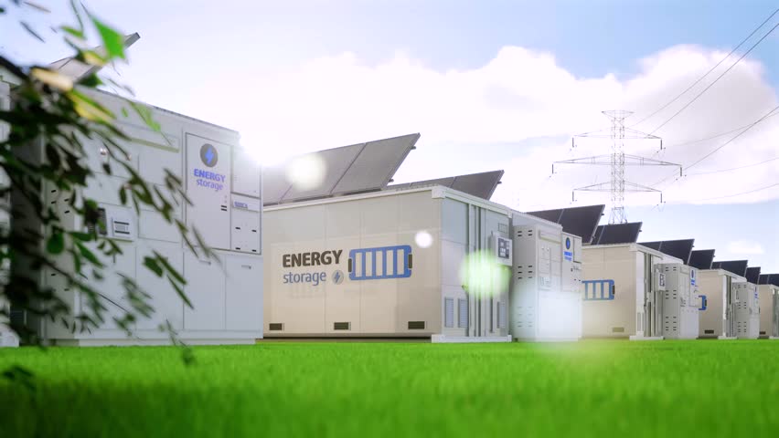 Alternative energy concept with 3d rendering group of energy storage systems or battery container units with various sources of energy 4k footage