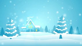 Animated winter landscape with falling snow, pine trees, and a glowing house on snowy hills. Peaceful Christmas and New Year motion background for holiday greetings. - Powered by Shutterstock - Get 15% off with code: PIKWIZARD15