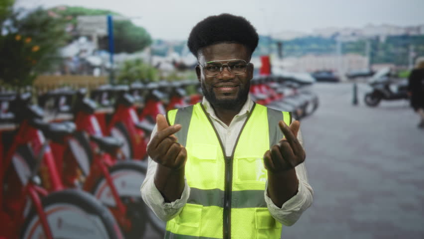 Man in reflective vest making finger heart gesture at bike rental on street; community service welcoming.