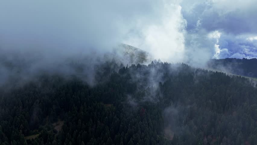 Bolu Abant, Turkey – Misty mountain and forest landscape with dense clouds, fog, and rain captured by drone for a dramatic and atmospheric nature scene.