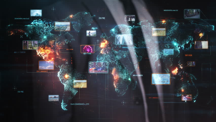 Digital world map showing data flow and network connections with information overlays