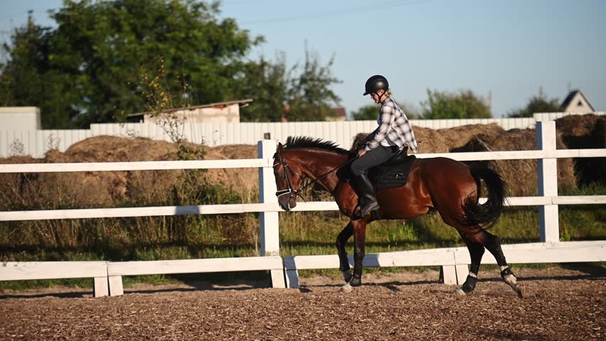 Rider on horse practices basic dressage exercises in open arena near stable, sitting in saddle and wearing helmet. Racing, horse care, and training