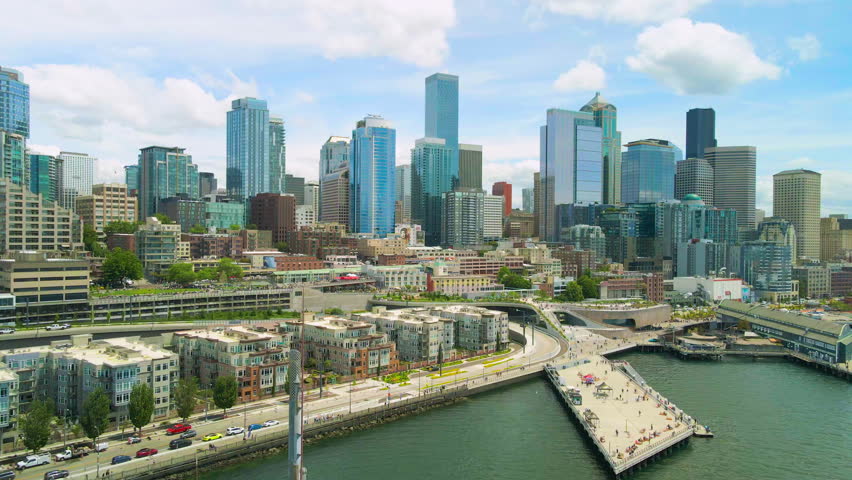 Drone shoot Seattle Downtown near Lakefront and Aquarium. Aerial View of Seattle city