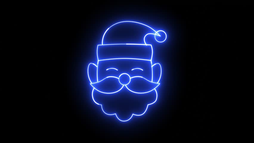 Neon Santa Claus Face Outline in Bright Blue Neon Lights for Christmas Decor and Holiday Stock