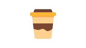 Flat animation of takeaway coffee cup with brown lid, yellow sleeve, and layered beige tones on clean white background - Powered by Shutterstock - Get 15% off with code: PIKWIZARD15