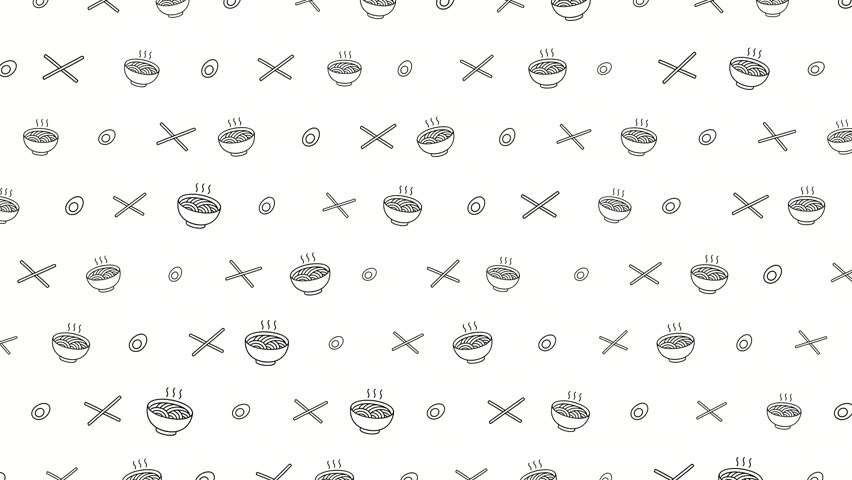 Steaming bowls of ramen create a modern, animated seamless pattern perfect for culinary themes. Ideal for blogs, restaurant promotions, and delicious food-related videos.