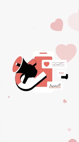 Social media engagement animation drives viral marketing with dynamic hearts, megaphone blasts and analytics bursts in vertical 7-second 2D motion graphic for 2026 social audience growth, brand love