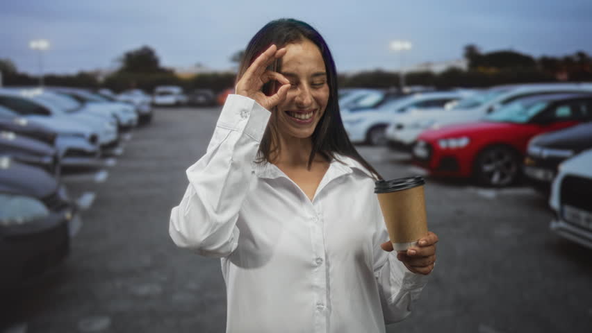 Young hispanic woman holding a takeaway coffee cup making ok sign on street lined with parked cars; approval.