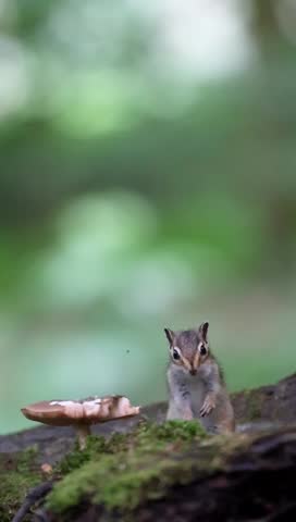 A tiny chipmunk drinks water from a mushroom cap while resting on a mossy log in green forest light