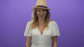 Woman in straw hat wearing white polka dot dress touches shoulder in studio purple backdrop; support friendship joy. - Powered by Shutterstock - Get 15% off with code: PIKWIZARD15