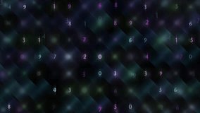 Abstract Neon Numeric Background Floating Digits And Dark Geometric Light. A moody abstract background featuring scattered numbers in neon hues over a deep, smoky blue and purple mosaic.  - Powered by Shutterstock - Get 15% off with code: PIKWIZARD15