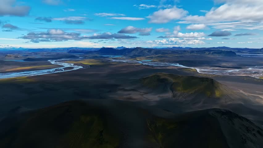 Aerial view of far away glacial rivers in Iceland’s highlands