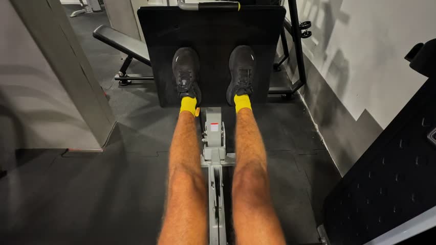4K POV footage of a man doing leg presses at the gym. Close-up on legs in yellow socks pushing heavy weight during strength training.