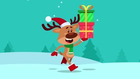 Funny Christmas Reindeer Cartoon Character Running With Gift Boxes – 4K Animation Video Motion Graphics With Winter Snow Forest Background - Powered by Shutterstock - Get 15% off with code: PIKWIZARD15