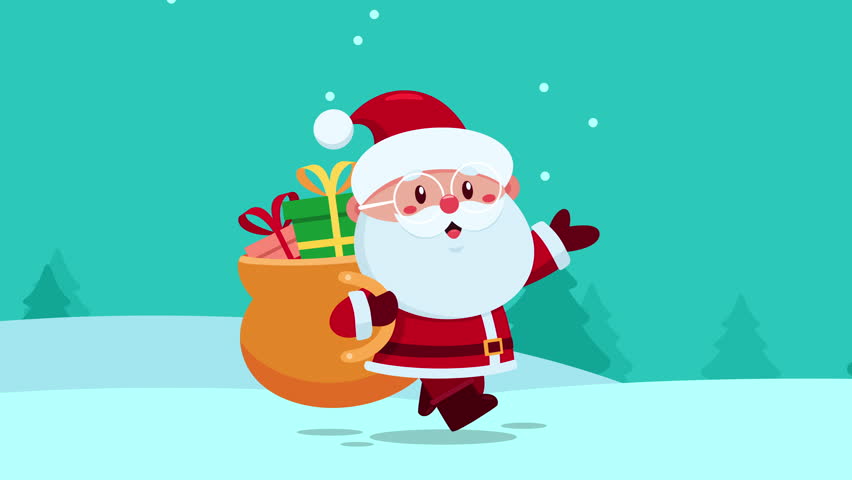 Funny Santa Claus Cartoon Character Running With Gift Bag – 4K Animation Video Motion Graphics With Background