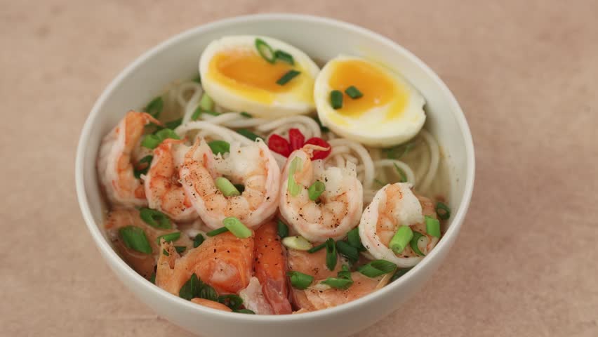 Asian dish with broth, noodles, tiger shrimp, fish, egg and green onions. The woman turns the plate. Traditional Asian soup in a white deep plate. Selective focus, close-up.