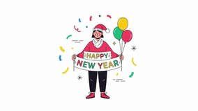 New Year Celebration: A cheerful figure joyfully strides amidst a festive explosion of confetti and balloons, heralding the arrival of a happy New Year with a banner. - Powered by Shutterstock - Get 15% off with code: PIKWIZARD15
