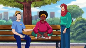 2D Animation: Friends Chatting Outdoors, Cartoon Park Conversation, Communication, Modern Friendship, Social Interaction - Powered by Shutterstock - Get 15% off with code: PIKWIZARD15