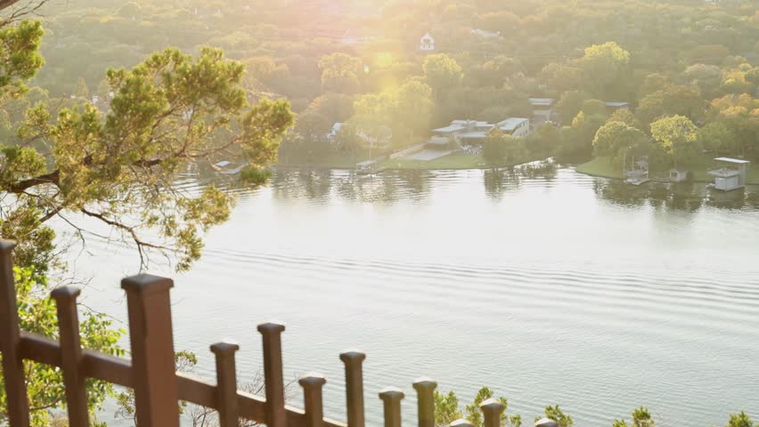 Mount Bonnell Overlook Fence View of Lake Austin at Sunset