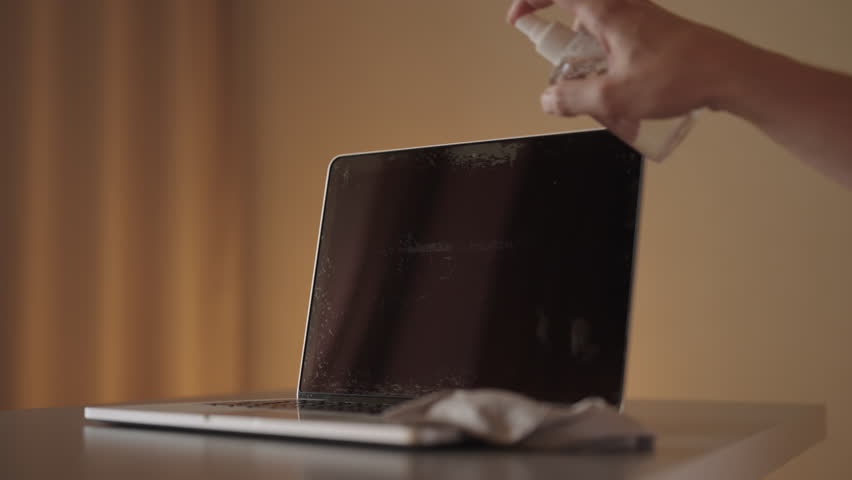 Close-up of male hands spraying cleaning solution and wiping dusty laptop screen with microfiber cloth, promoting hygiene and proper electronic device maintenance for optimal performance.