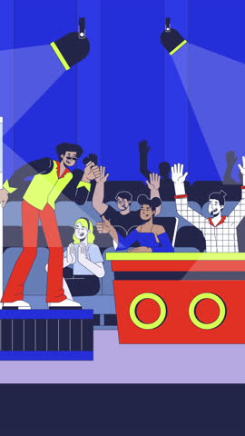 Talent show spotlight cartoon vertical animation. Contest audition. Confident performer singing on stage with enthusiastic audience clapping animated flat 2D characters 4K video for social media reels