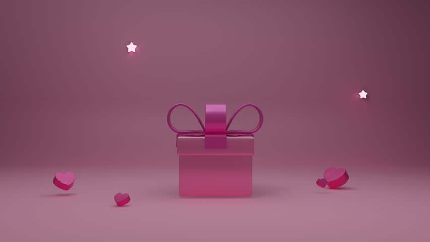 Loop animation of hearts jump out of a pink open gift box, hearts and romantic valentine decorations festive object on pink background. Holiday banner. Valentine's day concept. 4k 3d animation