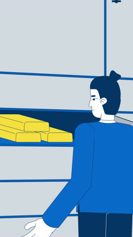 Bank custodian storing gold bars inside secure safety deposit box cartoon vertical animation. Wealth protection. Precious metals holding animated flat 2D character 4K video for social media reels