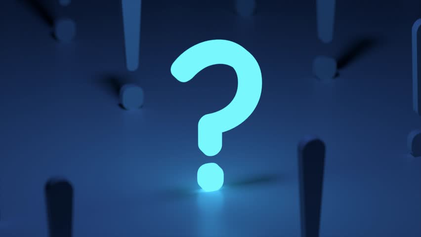 Large, luminous blue question mark shining brightly among a field of dark exclamation marks, representing the concept of a central problem, a critical inquiry, or a significant. 3D Illustration