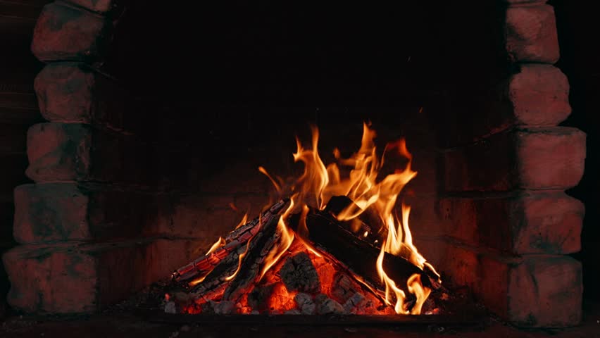 Ancient Castle Fireplace in Clay Oven , Close-up, Realistic Crackling Fire Sound
