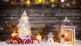 Christmas Decoration with Colored Shiny Glitters , Old Wood and Falling Snow . Slow Motion Footage . - Powered by Shutterstock - Get 15% off with code: PIKWIZARD15