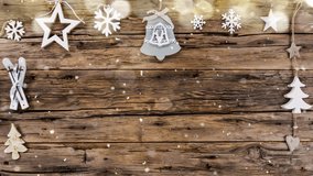 Christmas Decoration with Colored Shiny Glitters , Old Wood and Falling Snow . Slow Motion Footage . - Powered by Shutterstock - Get 15% off with code: PIKWIZARD15