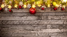 Christmas Decoration with Colored Shiny Glitters , Old Wood and Falling Snow . Slow Motion Footage . - Powered by Shutterstock - Get 15% off with code: PIKWIZARD15