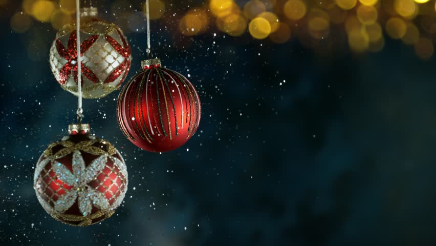 Christmas Decoration with Colored Shiny Balls and Glitters. Slow Motion Footage. Filmed on High Speed Cinema Camera, 1000 fps