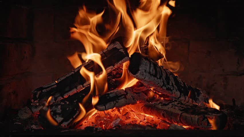 Ancient Castle Fireplace in Clay Oven , Close-up, Realistic Crackling Fire Sound