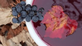 Background of ruby-colored young wine with grape leaves and a bunch of purple grapes.	 - Powered by Shutterstock - Get 15% off with code: PIKWIZARD15