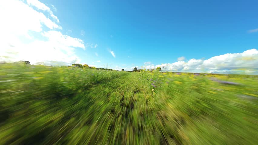Aerial view of a vibrant meadow where green grasses blur into streaks of motion beneath a vast, blue sky dotted with cottony clouds, Nottingham, United Kingdom
