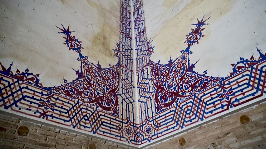 Closeup view of details in the mausoleum of Sultan Sanjar in the ruins of Merv near Mary, Turkmenistan