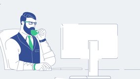 Remote Work Video Call, Animated 2D Home Office, Man Connecting with Team Members Online, Modern Virtual Business Meeting - Powered by Shutterstock - Get 15% off with code: PIKWIZARD15